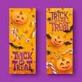 Two Halloween horizontal banners with candies, spiders, bats and pumpkins on orange background. Halloween banner Royalty Free Stock Photo