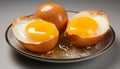 Two halved eggs with intact yolks on a plate, one standing, one spilling