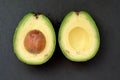 Two halves of avocado on a black background top view.