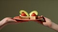 two halves of an avocado sandwich on a red plate Royalty Free Stock Photo