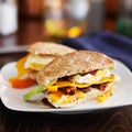 Two halves of a breakfast sandwich on plate Royalty Free Stock Photo