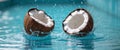 Two halves of cracked coconuts making a big splash in refreshing blue water. Royalty Free Stock Photo