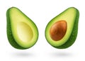 Two halves of a green avocado and the core of the fruit levitate on a white. Royalty Free Stock Photo