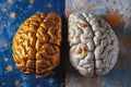 Two halves of a human brain, intricately detailed and anatomically correct, displayed on a vibrant blue background