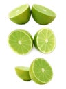 Two halves of a lime fruit isolated over the white background, set of different foreshortenings Royalty Free Stock Photo