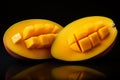 Two halves of mango on black background. Generative AI Royalty Free Stock Photo