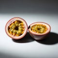 Two halves of a passion fruit Passiflora edulis are displayed on a plain surface Royalty Free Stock Photo