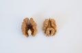 Two halves of peeled walnut on a white background close-up