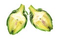 Two halves of ripe green artichokes on a white background Royalty Free Stock Photo