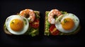 two halves of a sandwich with shrimp and an egg