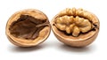 A walnut cut open and a half of the inside of a walnut (ai generated) Royalty Free Stock Photo