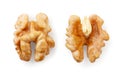 Two halves of a walnuts kernel on a white background. Top view Royalty Free Stock Photo