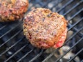 Two hamburger patties cooking on a charcoal grill