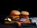 Two hamburgers with delicious ingredients sorted on table