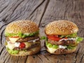 Two hamburgers on old wood. Royalty Free Stock Photo