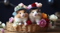 Hamsters in Floral Hats in Wicker Basket