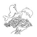Two hand drawn baby dolphins, jumping on wave. Black and white. Royalty Free Stock Photo