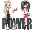 Two hand drawn beautiful cute fashion girls power shopping. with little dog. Royalty Free Stock Photo