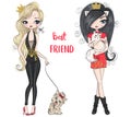 Two hand drawn beautiful cute fashion girls power shopping. with little dog. Royalty Free Stock Photo