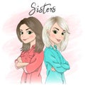 Two hand drawn beautiful, cute girls sisters stand back to back with arms crossed. Royalty Free Stock Photo