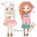 Two hand drawn beautiful cute little girls with Teddy bears on the background with the inscription best friends.