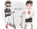 Two hand drawn cute boys with kick scooter and skateboard.