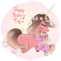 Two hand drawn cute mom and daughter unicorns girls. Happy Mothers Day.