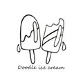 Two hand-drawn melting ice creams, popsicles. In doodle style, black outline isolated on a white background. For banners, cards,