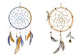 Two hand drawn ornate Dream catchers with feathers in soft trendy colors. Astrology, spirituality, magic symbol. Ethnic tribal ele