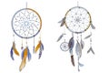 Two hand drawn ornate Dream catchers with feathers in soft trendy colors. Astrology, spirituality, magic symbol. Ethnic tribal ele