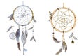 Two hand drawn ornate Dream catchers with feathers in soft trendy colors. Astrology, spirituality, magic symbol. Ethnic tribal ele