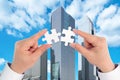 Two hand holding connecting piece jigsaw puzzle, Business connection, success and strategy concept. Royalty Free Stock Photo
