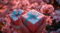 two hand holding a pink present with blue ribbon Royalty Free Stock Photo