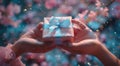 two hand holding a pink present with blue ribbon Royalty Free Stock Photo