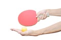 Two hand holding table tennis bat and ball