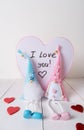 Two hand-made gnomes in love sit on a light background