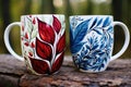 two hand-painted mugs with hot drinks side by side Royalty Free Stock Photo