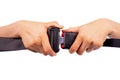 two hand use safety belt on white background Royalty Free Stock Photo