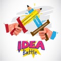 Two hand using pencil as sword fighting. idea battle or creativ Royalty Free Stock Photo