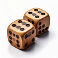 Two handcrafted wooden dice with black dots resting on a white background Royalty Free Stock Photo