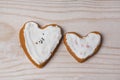 Two handmade gingerbread cookies with white icing in the form of hearts are laid out on a white wooden background. Flat lay Royalty Free Stock Photo