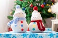 Two handmade snowmen with Christmas background on white fur Royalty Free Stock Photo