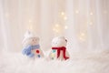 Two handmade snowmen with Christmas light background Royalty Free Stock Photo