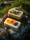 Two handmade soaps with natural elements adorn a mossy rock surface Royalty Free Stock Photo