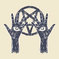 Two hands with allseeing eye on palms with pentagram