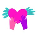 Two hands on the background of a heart with wings Royalty Free Stock Photo