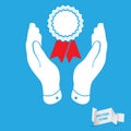 Two hands with badge and red ribbons icon Royalty Free Stock Photo