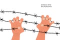 Two hands and barbed wire fence. Immigration concept, detention camp, concentration camp, restricted area. Resistance, fight Royalty Free Stock Photo