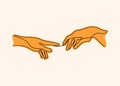 Two hands barely touching each other in one line. Simple sketch of two hands made of one line, love concept. Vector art Royalty Free Stock Photo