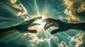 Two hands, belonging to praying individuals, reach towards each other in the sky